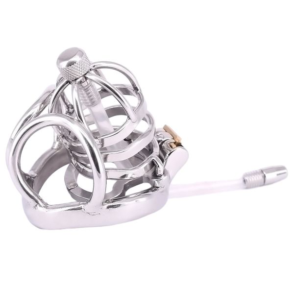 Dispositivos de castidad masculina Penisring de arco de acero inoxidable con anillo antiapagado Restricciones de testículos Gear Cock Cage con catéter uretral