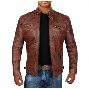 Manteau mâle Printemps Automne Court Cool Noir Marron Cuir Biker Veste Hommes Zipper Lg Manches Plus Taille Européenne Fi M L XL A1qQ #