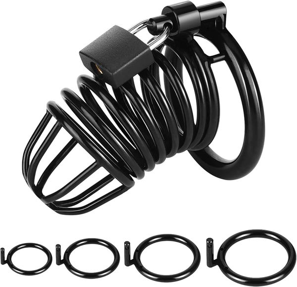 Dispositivo de castidad con jaula para pene masculino, jaula de castidad grande con 4 anillos activos, juguete sexual para adultos para hombres, ejercicio de pene, llave y cerradura incluidas