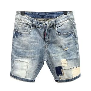 Mannelijke denim shorts patchwork recht met zakken heren korte jeans broek in y2k mode dunne gesneden vintage blauw 240524