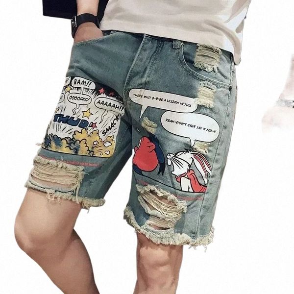 Pantalones cortos de mezclilla masculinos rasgados con texto Pantalones vaqueros cortos para hombres Pantalones multicolores Venta Retro Streetwear Stretch Jorts Vintage XL Harajuku o8xy #