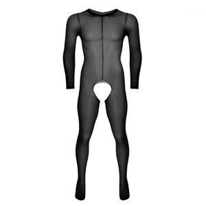 Ropa interior Sexy de fantasía para hombre, medias de cuerpo transparente Gay Sissy, lencería erótica para hombre con entrepierna abierta, mono fetiche, mono transparente