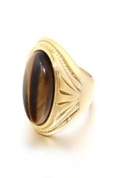 Mannelijke Gouden Vintage Mannen Jongen Ovale Tijgeroog Bruine Stenen Symbool Ring in Rvs Sieraden Heren Access5330970