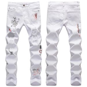 Mannelijke hiphop jeugd streetwear jeans mode casual stijl heren denim broek graffiti-art gescheurde cargo jeans wit 240106