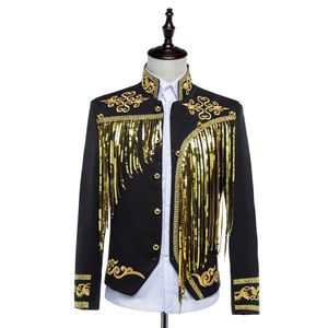 Chaqueta con borlas de lentejuelas para hombre, abrigo ajustado con flecos y cuello levantado, traje de escenario, Bar, cantante, lentejuelas, negro, blanco, rendimiento, chaquetas, equipo de bailarina, traje de club nocturno