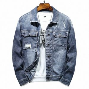 mâle Jean Manteaux Bleu Ripped Veste en jean pour hommes Épaules larges avec trou Vêtements pour hommes Prix pas cher Élégant Fi de tissu d1xt #