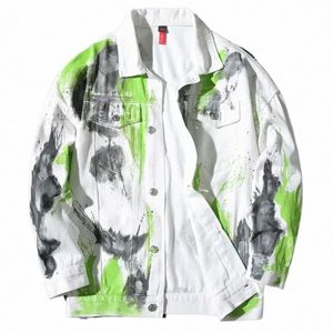 Hombre Jean Abrigos Hip Hop Motocicleta Chaqueta de mezclilla para hombre Pintado en blanco Biker Graffiti Ropa de hombre Miércoles Envío gratis Vintage Corea G R0Ge #