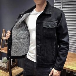 Mannelijke Jean-jassen met schapenvulling Denim herenjack met brede mouwen Zwart gewatteerde wol Warme winterbovenkleding Esthetische kleding G 240124