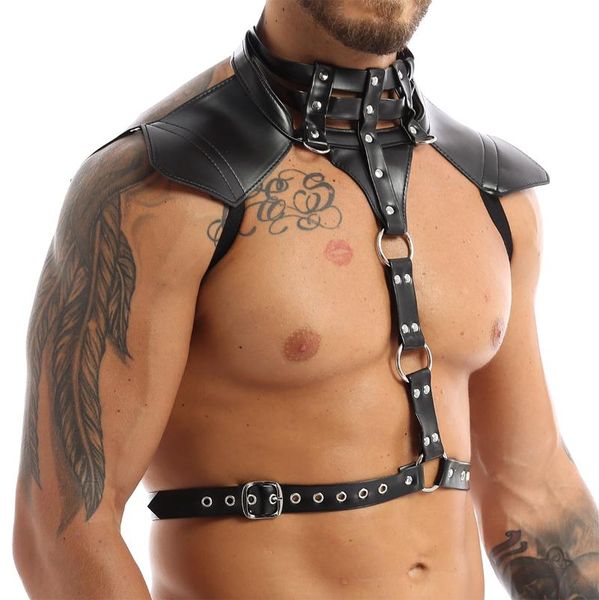 Lingerie masculine harnais en cuir réglable Sexy Gay vêtements corps sexuel poitrine ceinture sangle Punk Rave Costumes pour sexe coude genouillères