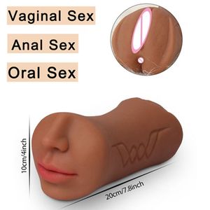 Masturbateur masculin Cup Stroker Pocket Pussy Real Vagin Anal Mouth 3 canaux Deep Throat With Tongue Pussy Pocket Oral Sucer la langue Vibromasseur