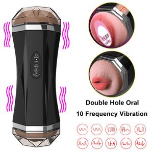Masturbador masculino juguetes sexuales coño boca chupar garganta profunda vagina real doble agujero 3D silicona suave masturbación taza para hombre adulto Y200417