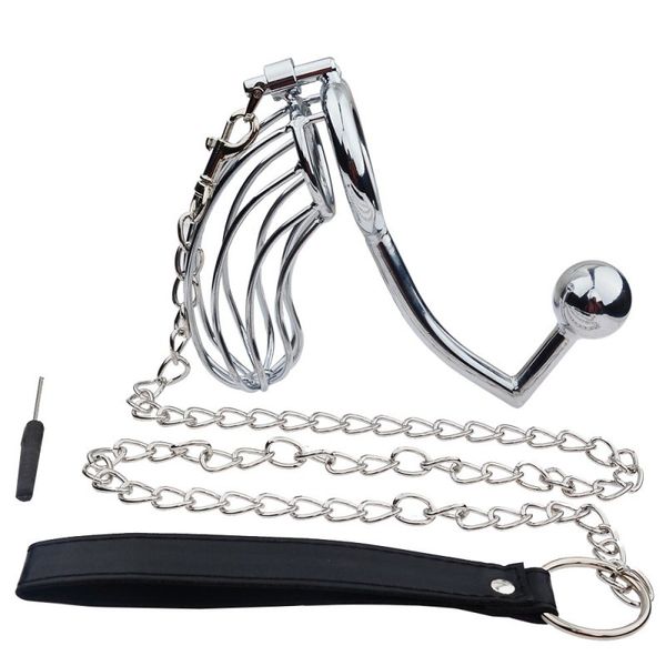 Dispositivo de castidad de metal con bloqueo de pene masculino con gancho anal intruso jaula para pene SM bondage juguetes sexuales para hombres