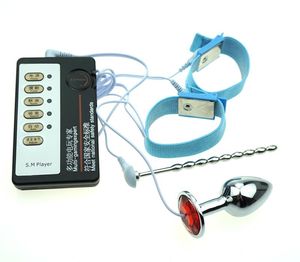 Enchufe del pene masculino Sonido uretral Catéter de castidad Estimulación eléctrica Anillos del pene Enchufe anal Electro Shock Juguetes sexuales para hombres Y18102306