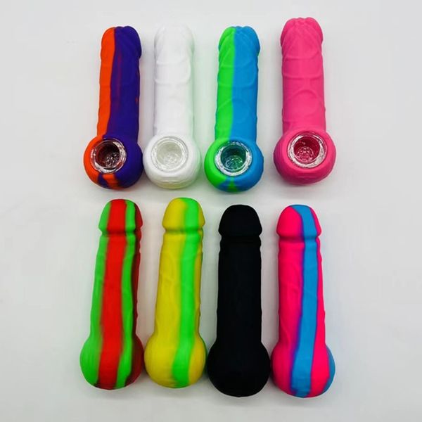 Pipa de mano para fumar de silicona para pene masculino con recipiente de vidrio Agua Dick Pene Vaso de precipitados Bong Tabaco irrompible Hierba seca Dab Plataformas petrolíferas Tuberías de agua