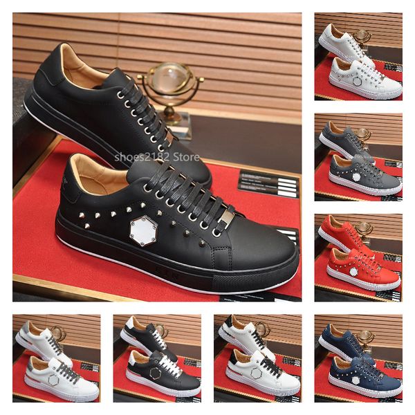 Chaussures masculines Chaussures de luxe Mode Classic Low-tops Lacet-up Cuir de haute qualité Phillip Metal Rivet Skulls Match Elements Breatch Board Sneakers