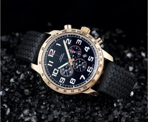 Movimiento de cuarzo masculino Cronómetro cronógrafo reloj de pulsera caja de oro balck Relojes de goma para hombre 544