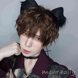 Mannelijk Wig Fashion Short Curly Brown Cosplay kostuum Anime Halloween Synthetisch met pony voor mannen Women Boy Fake Hair 220622