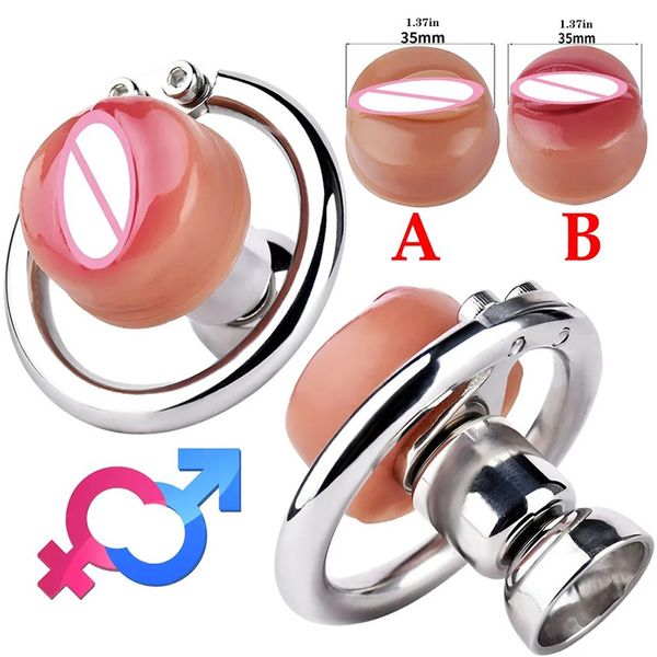 Casa de castidad de acero inoxidable masculino Cerrar jaula con vagina de silicona simulada Pequeña jaula mariquita dispositivos de castidad plana SM Penis Bondage Sex Toys