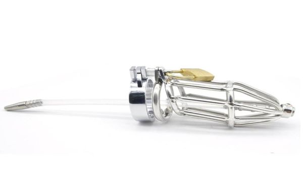 Dispositivo de castidad con anillo para pene en jaula para pene de acero inoxidable masculino con catéter largo de gel de sílice Anillo antideslizante Producto BDSM Juguete sexual para adultos 31408904