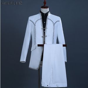 Hombre Stand Collar Doble Breasted Europa Vintage Drama 2 piezas Vestido Traje Marca Slim Fit Prom Weeing Novio Traje Homme Blanco 210522