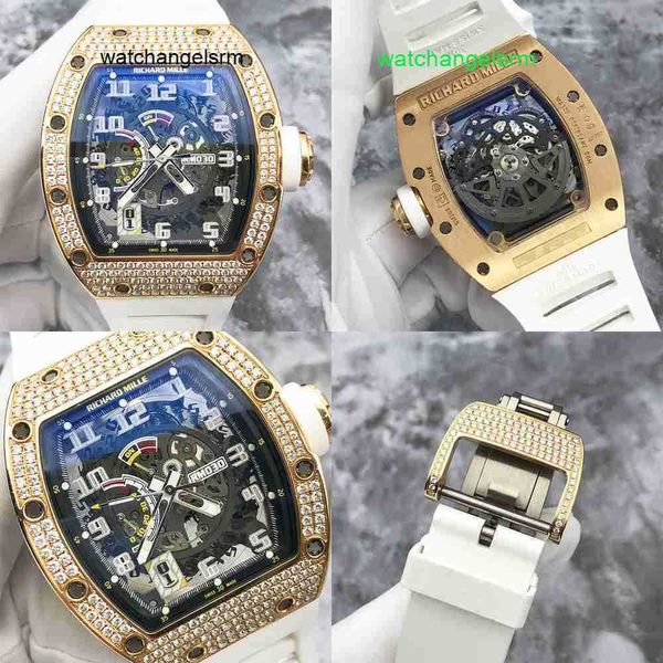 Montre-bracelet pour homme RM Montre-bracelet RM030 Diamant arrière en or rose 18 carats Montre creuse pour homme Type de baril Montre mécanique automatique