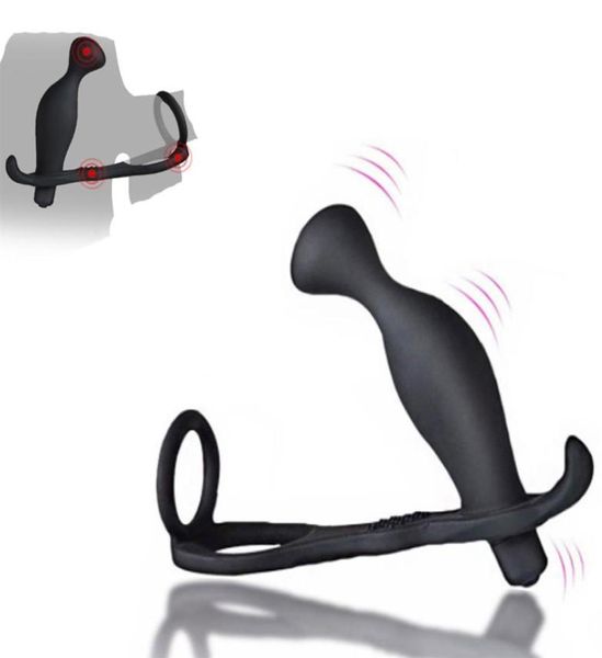 Masajeador de próstata vibratorio masculino con doble vibrador placer Butt Plug juguetes sexuales para hombres Cock Ring252w5242667