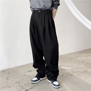 Mannelijke vintage mode plaid lange broek japan korea stijl broek mannen hoge taille casual losse rechte pak broek1