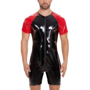 Mannetjes glanzende PVC bodysuit sexy dubbele rits open kruis turnpel korte mouw mannen wetlook lederen erotische vorming jumpsuit catsuit kostuums