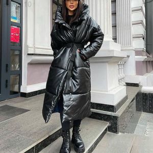 Malina Hooded Pu Parkas Women Fashion Tie Belt Coats Women Elegant Solid Faux Leather Slim Long Cotton Jackets vrouwelijke dames L220730