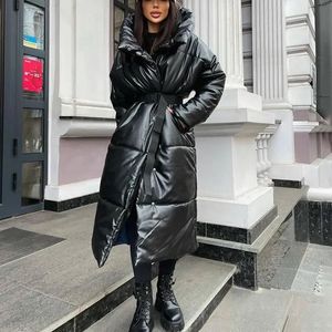 Malina à capuche PU Parkas femmes mode cravate ceinture manteaux femmes élégant solide Faux cuir mince longues coton vestes femme dames 240105