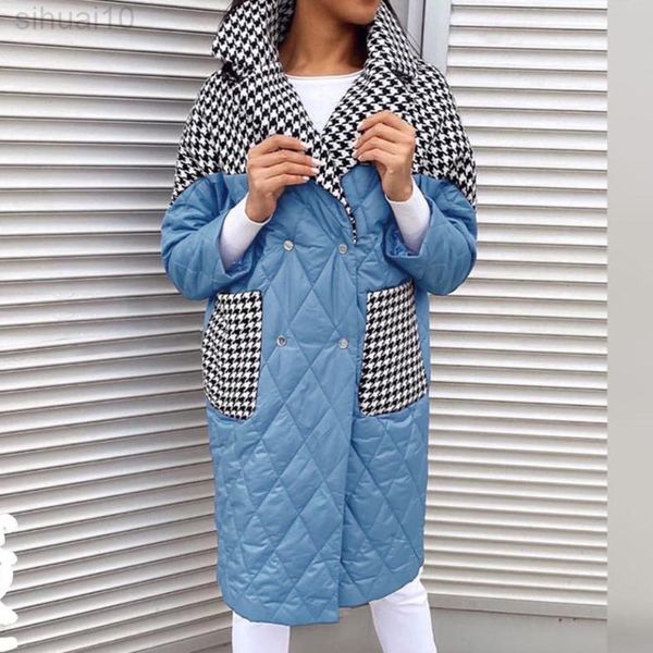 Malina col rabattu Parkas femmes mode Patchwork pied-de-poule manteaux femmes élégant lâche longue coton veste femme dames JP L220730