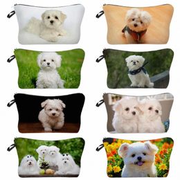 chien maltais chien mignon animal imprimé sac de cosmétique pour femmes éco kit de toilette portable adapté à la plage sac à maquillage décontracté sac t9d7 #