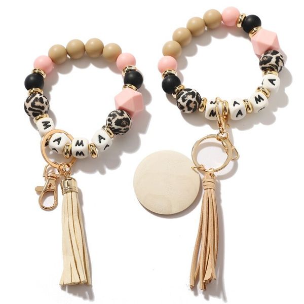 MAMA Bracelet porte-clés 2022 nouveau imprimé léopard Silicone perles porte-clés sac pendentif porte-clés breloques fête des mères cadeau en gros nouveau