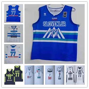 Hommes 2021 Team Slovénie 77 Doncic 7 Luka Slovenija Basketball Maillots Noir Blanc Sticthed Doncic Euroleague Blue Champion Shirt Taille S-XXL