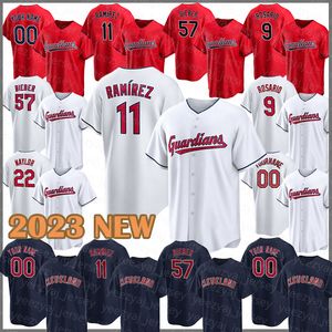 Heren honkbalshirts Cleveland 2023 0 Gimenez 11 Ramirez Indians 57 Shane Bieber Myles Straw Steven Kwan Cal Quantrill Emmanuel Clase Triston McKenzie Mike Zunino