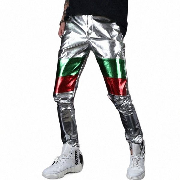 Homme Big Kids Chic Fi Sier Pantalon métallique coloré Hip Hop Heap Live Show Costumes de danse Pantalon 34ZT #