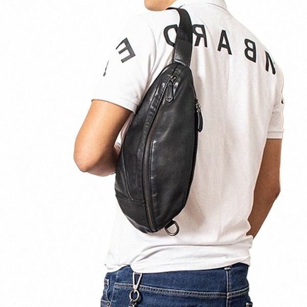 Hombre Bolso casual negro Bolso de pecho de los hombres Bolso de cuero genuino Menger Hombres casuales Capa superior Bolsos de hombro de cuero real Pecho T6PM #