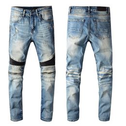 Man blauwe jeans ontwerper RIP knie rits zipper Skinny Long Stretch Slim Fit Biker Distress Denim rechte poot Klassieke hiphop jogger vaste verzachter trendy broek zwarte patch