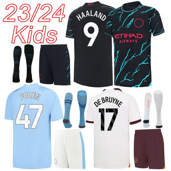 Man CITY camisetas de fútbol 2023 kits de camiseta de fútbol para niños local visitante 23 24 HAALAND DE BRUYNE FODEN niños tercer kit de camiseta + calcetines 24 camiseta futbol maillot foot maglia