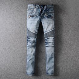 Man Designer jeans voor heren blauw rip mager slanke fit fietser stretch gescheurde broek lang noodlijdende hiphop rekbare denim recht licht vintage rits pocket maat 29-40