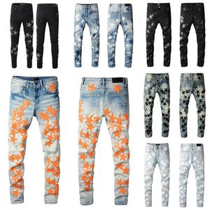 Man Designer Jeans Skinny Five Star Patch Rechte pijpen voor Heren Mode Knie Gescheurde Denim Broek Met Gat Moto Hip Hop Distressed 281V