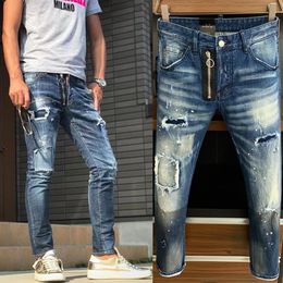 Man Distressed Denim Broek Damage Faded Five Pockets Clement Fit Jeans Slim Leg Wash Effects Mens308U