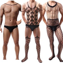 Man Mode Sexy Lingerie Open Kruis Sex Kostuums Zwart Mesh Teddy Bodysuit Intieme Porno Mannen Elastisch Ondergoed Kousen 231226