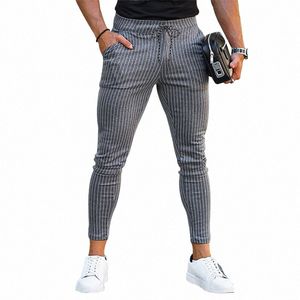 Homme taille haute à lacets Slim Fit crayon pantalon quatre mers décontracté rayé pantalon Fi serré Trous mâle nouvelle tendance Streetwear b0ZE #