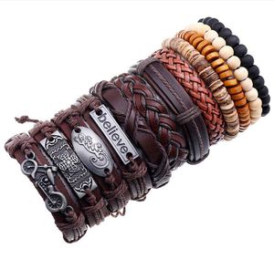 Man Hiphop Lederen Armband Antieke Legering Wevende Koeienhuid Wax Draad PU Hout Bead Coconut Husk Motorfiets Armband Mix 12pcs / Set