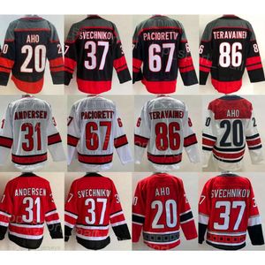 Man Hockey 37 Andrei Svechnikov Jerseys 20 Sebastian Aho 31 Frederik Andersen 86 Teuvo Teravainen Zwart Rood Wit Team Away All Stitch Voor sportfans Ademend