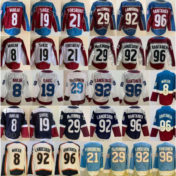 Hombre Hockey Retro Retro 29 Nathan MacKinnon Jerseys 92 Gabriel Landeskog 8 Cale Makar 96 Mikko Rantanen 19 Joe Sakic 21 Peter Forsberg Bordado para fanáticos del deporte