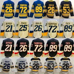 Homme Hockey sur glace 26 Rasmus Dahlin Maillots 53 Jeff Skinner 21 Kyle Okposo 25 Owen Power 72 Tage Thompson 89 Alex Tuch 50e anniversaire Reverse Retro Stitch Marine Blanc