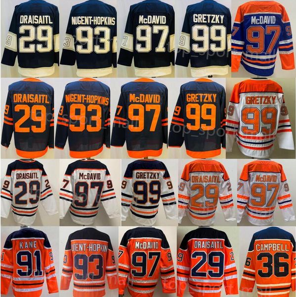 Homme Hockey sur glace Reverse Retro 97 Connor McDavid Jersey 99 Wayne Gretzky 29 Leon Draisaitl 93 Ryan Nugent-Hopkins Point blanc Bonne équipe Bleu Blanc Orange Sport Uniforme