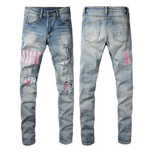 Homme Jean Purple Jeans Brand Slim Fit Hole Ripped Biker Pantal